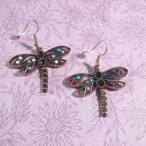 Dragonfly Dangle Earrings With Multicolor Gem Accents & Antique Gold Finish For - Picture 1 of 5